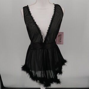 Roma Confidential Low Cut Mesh Babydoll with Faux Fur Trim and Satin Tie Large